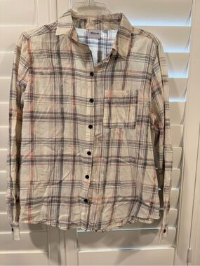 Disney Cream Plaid Button-Down Shirt with Gray and Soft Orange Lines
